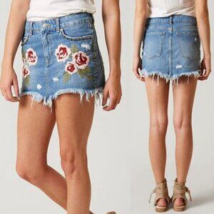 FREE PEOPLE Wild Rose Embroidered Mini Denim Skirt Size 24